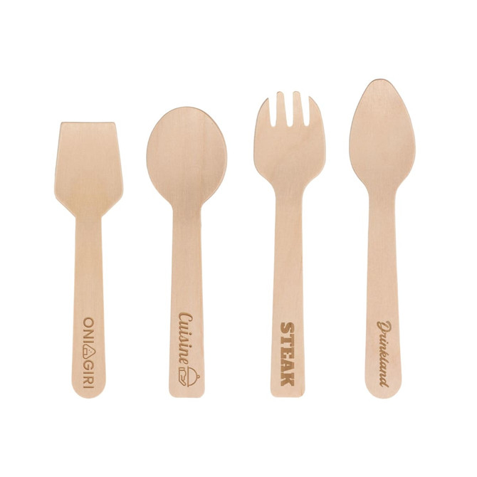 A set of small disposable birch spoons and forks in natural wood colour, featuring various shapes and a branding logo.