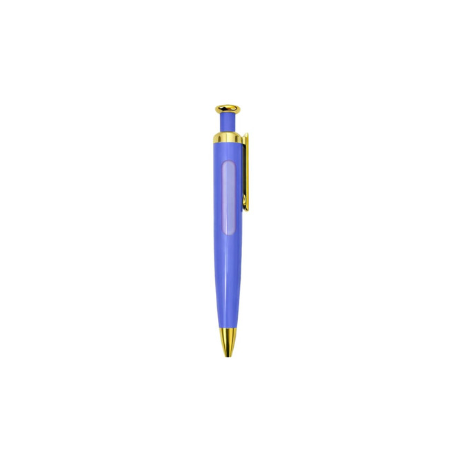 A purple pen with a gold clip and accents, featuring a transparent window design. It has a logo on the side.