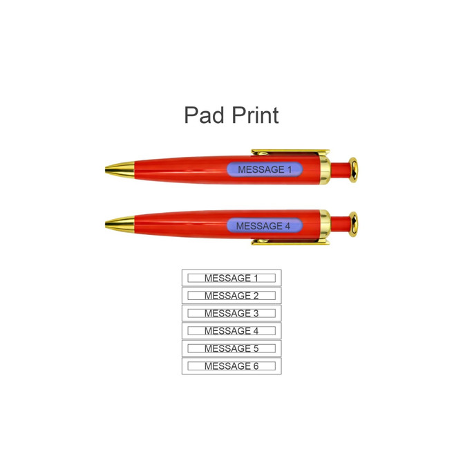 A red pen with gold accents featuring spinning message displays. Includes an unlabelled branding logo.