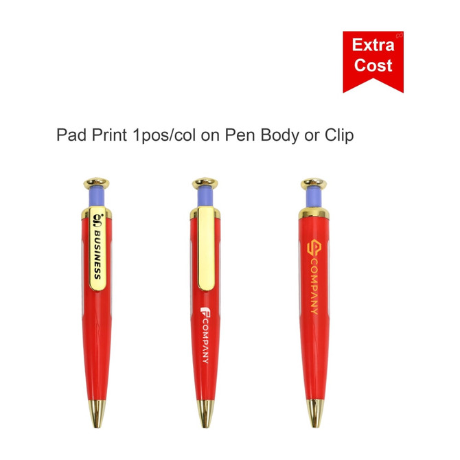 A red pen with a rocket shape, featuring a gold clip and top, alongside branding options.