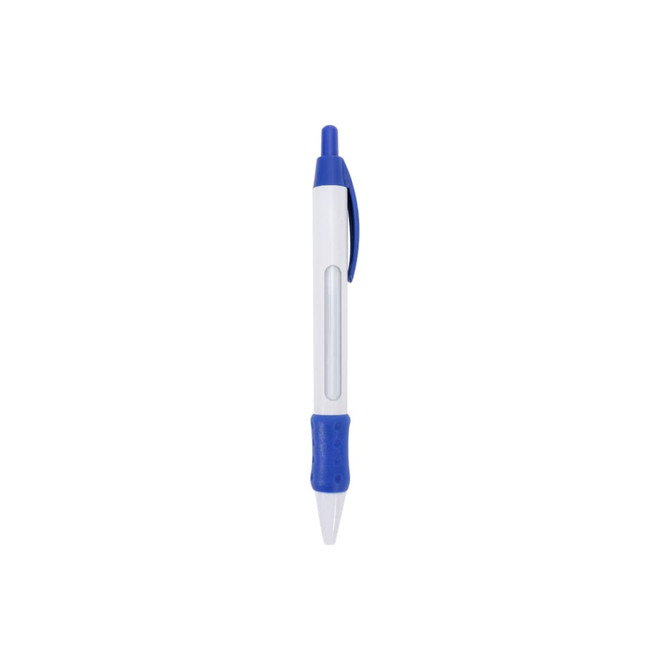 A pen with a white barrel, blue grip and clip, featuring a clear section to display a spinning message.