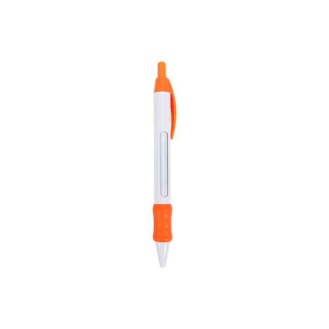 A pen with a white barrel, orange accents, and a display area for messages. It has a click mechanism and a comfortable grip.