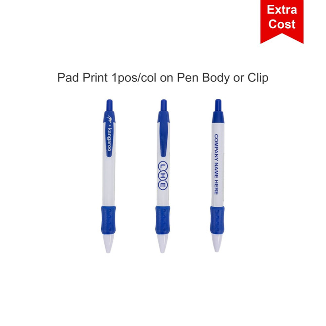 A promotional pen featuring a white body with blue accents and a logo. It has a click mechanism and a cushioned grip.