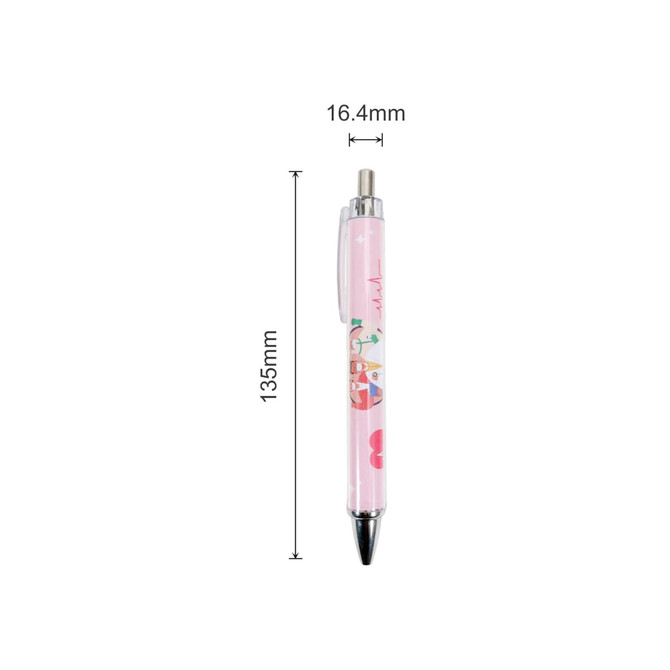 A pink ballpoint pen with a clear barrel, featuring decorative designs and a clip at the top.
