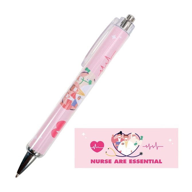 A pink ballpoint pen featuring colourful illustrations and a branding logo.
