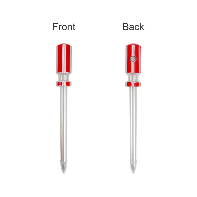 A red screwdriver-shaped ballpoint pen with a silver barrel, featuring a front and back view. It has a logo.