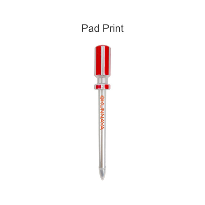 A screwdriver-shaped ballpoint pen in silver and red, featuring a shiny finish and a logo.
