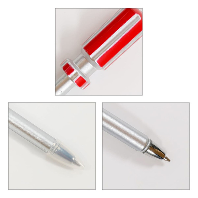 A screwdriver-shaped ballpoint pen in red and silver, featuring a shiny metal tip and a plastic cap.