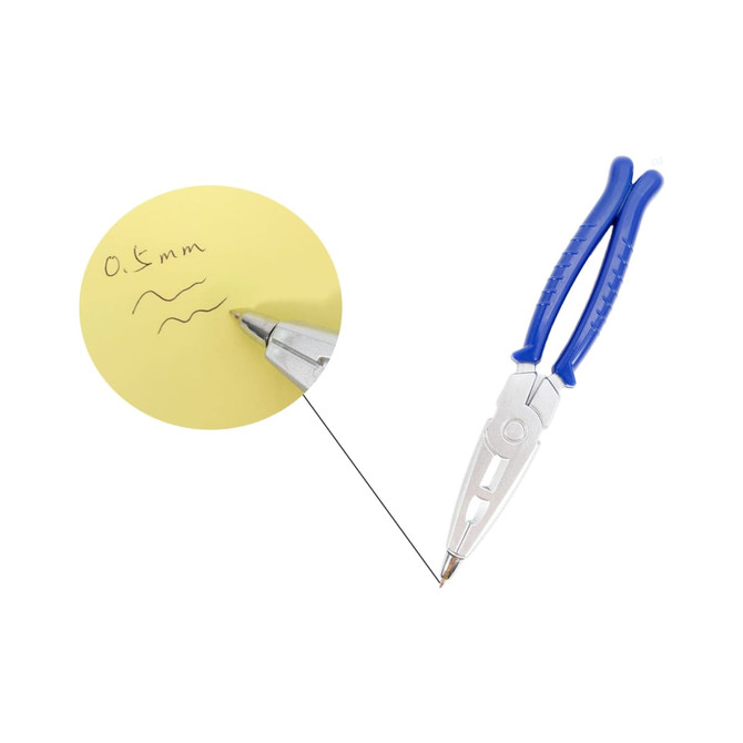 A plier-shaped ballpoint pen in blue and silver, with a fine 0.5mm tip, rests beside handwritten notes.
