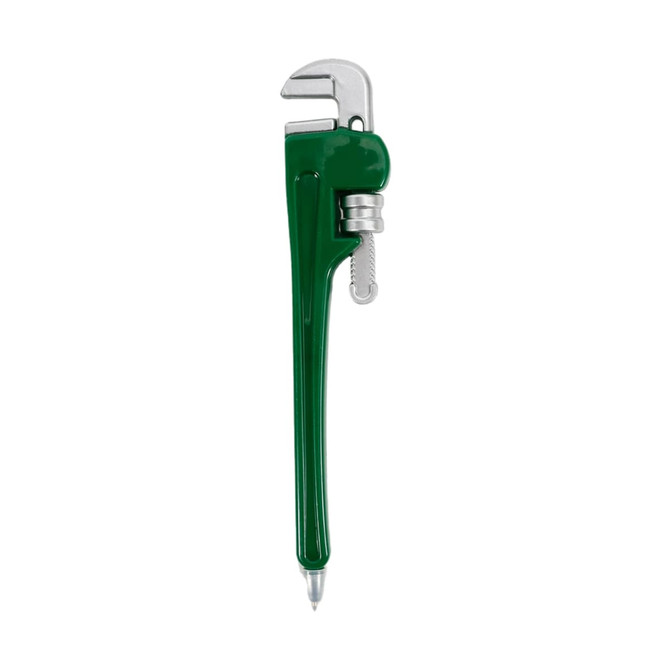 A green pipe wrench shaped ballpoint pen with silver detailing and a small logo on the side.