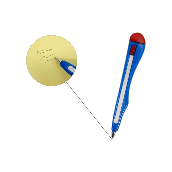 A blue and white ballpoint pen shaped like a knife, featuring a red button on the top.