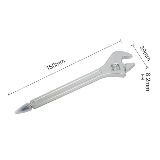 A silver ballpoint pen designed in the shape of a wrench, measuring 160mm in length.