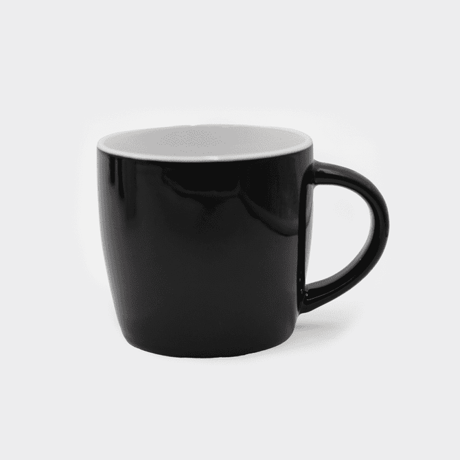 A black ceramic mug with a white interior and a sturdy handle. It has a smooth finish and a logo.