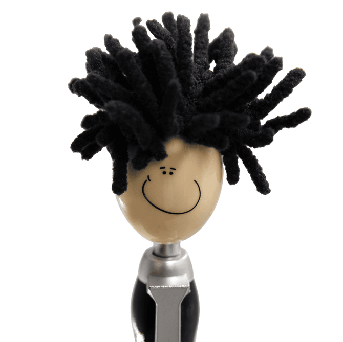 A Mop Head Pen with Stylus featuring a smiling face and a tuft of black yarn as hair.