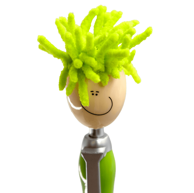 A quirky pen with a smiling face and bright green mop head-like strands, featuring a silver clip.