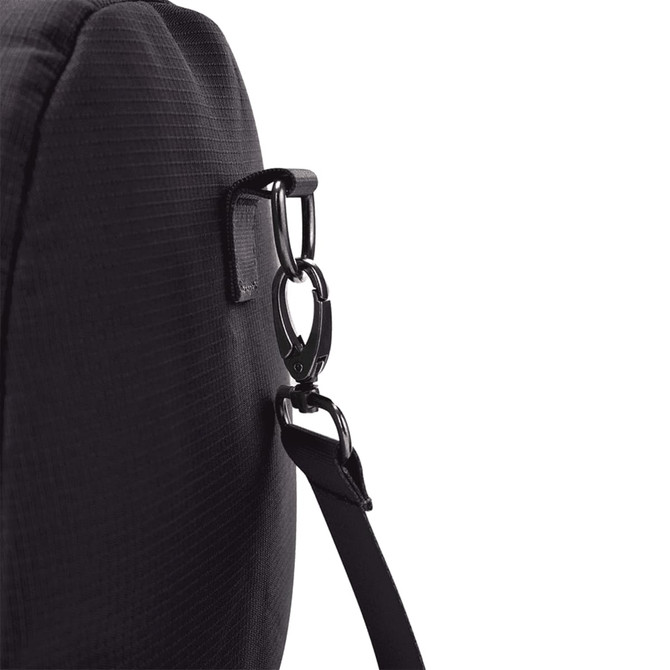A black duffel bag featuring a sturdy strap attachment point with a metal clip.