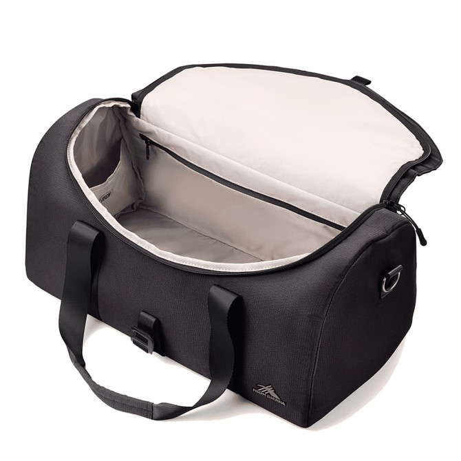 A black duffel bag with a spacious interior and two sturdy handles, featuring a zip closure.