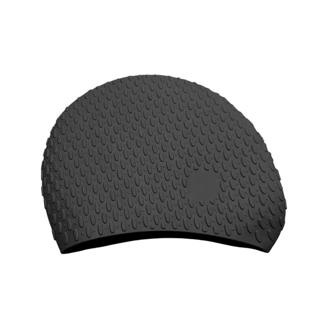 A black silicone swimming cap with a textured surface featuring water droplet patterns. Includes branding.