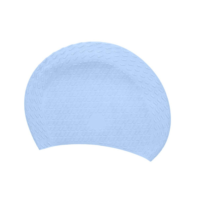 A light blue silicone swimming cap with a textured surface and a logo.