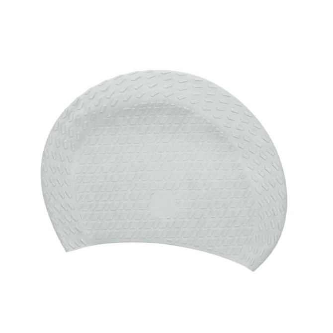 A white silicone swimming cap with a textured surface and a circular logo in the centre.