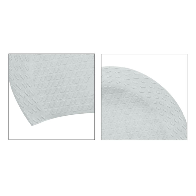 A premium silicone swimming cap in white featuring a textured, cube grain pattern and a logo.