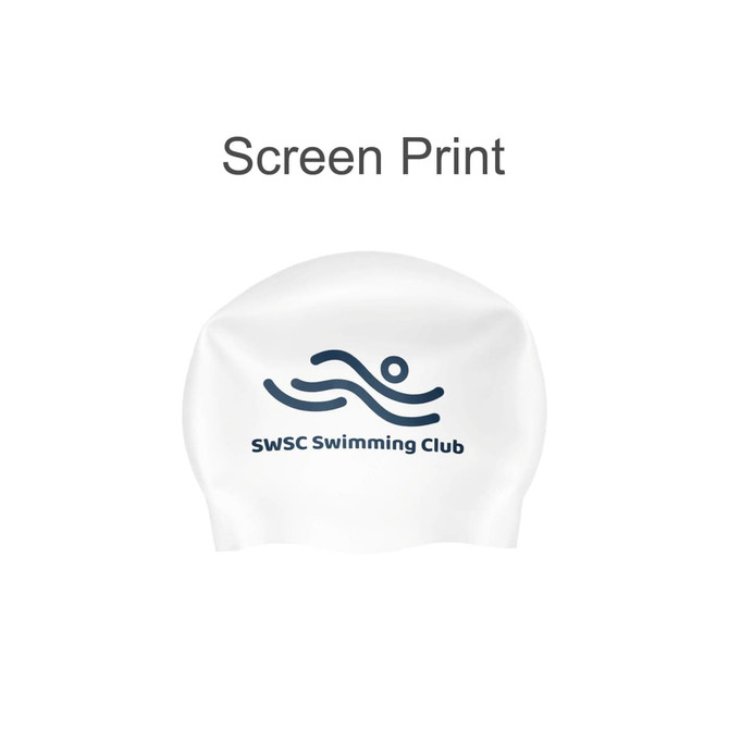 A white silicone swimming cap featuring a logo and a graphic design of a swimmer.