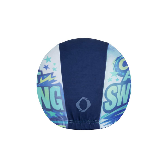 A full colour polyester swimming cap featuring blue and white sections with a logo.