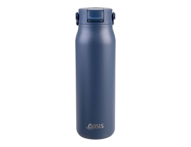 A drink bottle in navy blue with a sleek design and a logo on the front. Features a secure lid for easy sipping.
