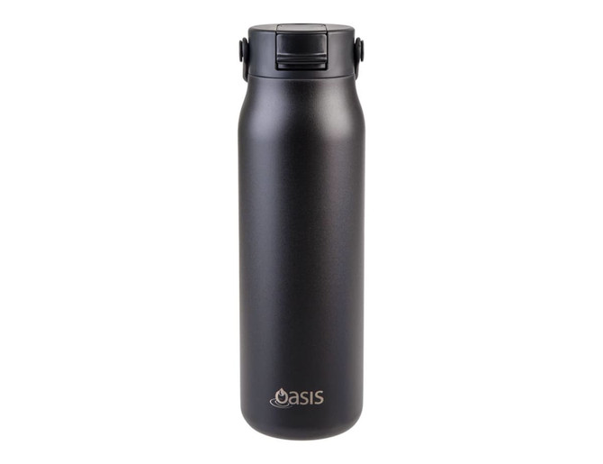 A drink bottle featuring a sleek black design, equipped with a secure lid and a logo.