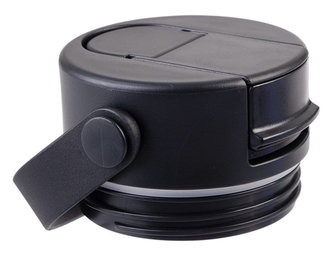A drink bottle lid in black with a spout and secure closing mechanism, featuring a logo on the side.