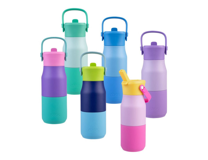 A drink bottle collection featuring various colours: purple, green, blue, and pink, with different shapes and designs.