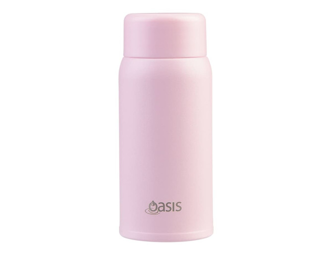 A drink bottle in light pink with a sleek design, featuring a logo on the front.
