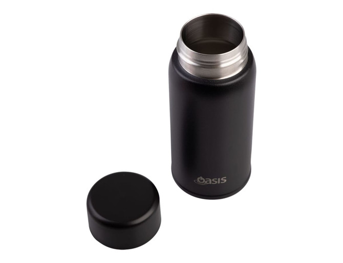 A drink bottle in matte black finish, featuring a silver stainless steel interior and a screw-on lid. It has a logo.