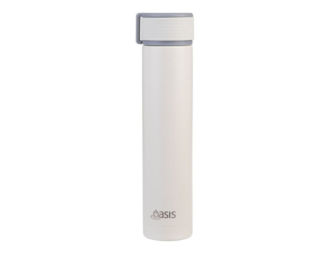 A drink bottle in white with a grey lid and a logo. It features an insulated, slim design for easy handling.