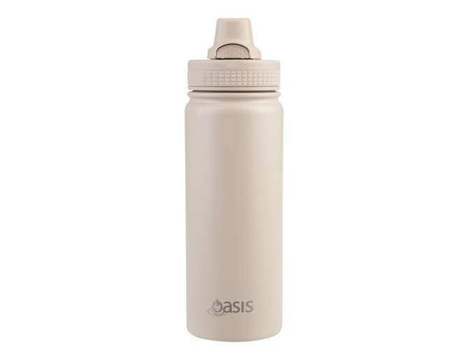 A drink bottle in beige with a quick release cap, featuring a logo on the side.