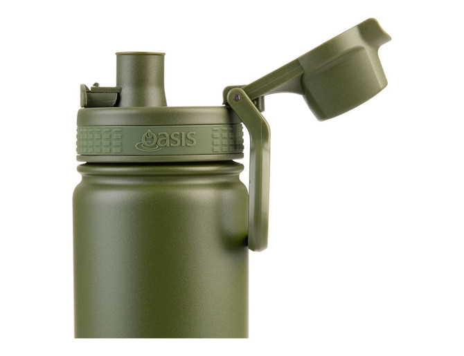 A drink bottle with a vacuum insulation feature, featuring a quick release cap in a military green colour and a logo.
