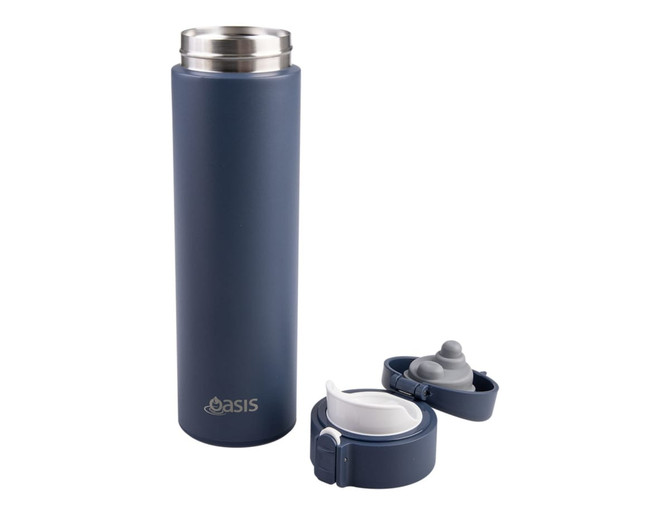 A drink bottle in navy blue with a silver lid and two flip-top openings. It features a logo on the side.