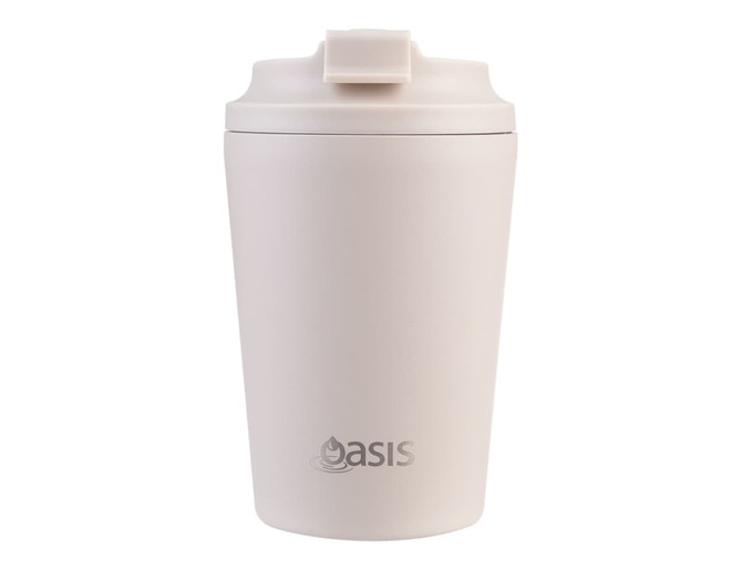 A drink bottle in a soft beige colour with a lid and a branding logo on the front.