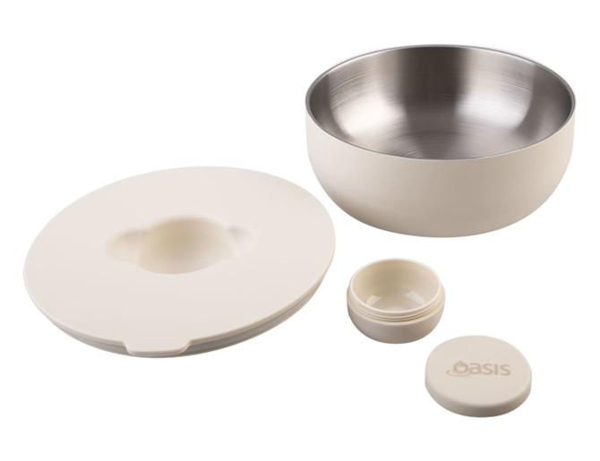 A lunch bowl set featuring a cream-coloured exterior, a stainless steel interior, and includes a lid and smaller container.