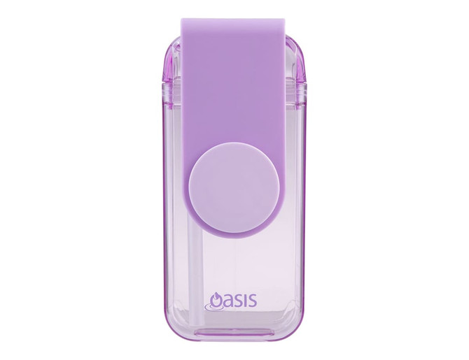 A drink bottle in purple and clear Tritan material featuring a logo. Compact design with a flip-top cap.