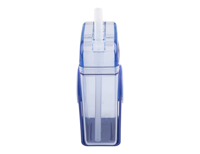 A drink bottle featuring a clear blue design, with a straw and a logo present on the container.