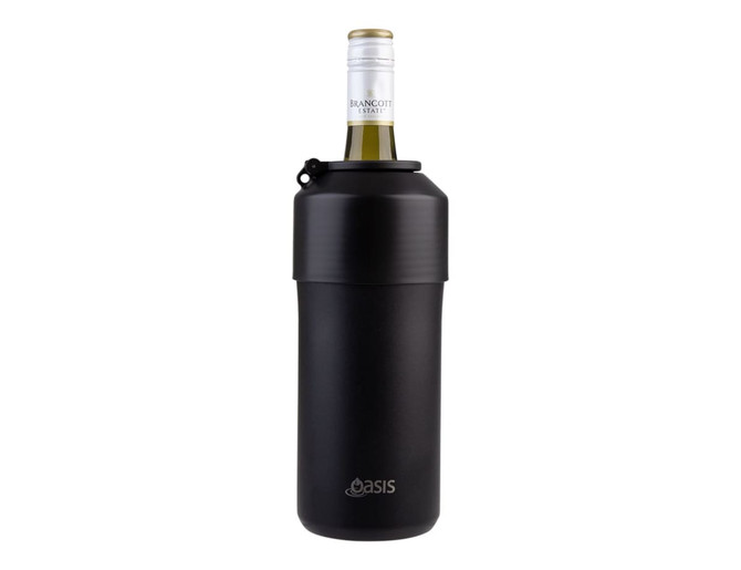 A drink bottle in matte black with a lid, designed to hold a wine bottle, featuring a logo.