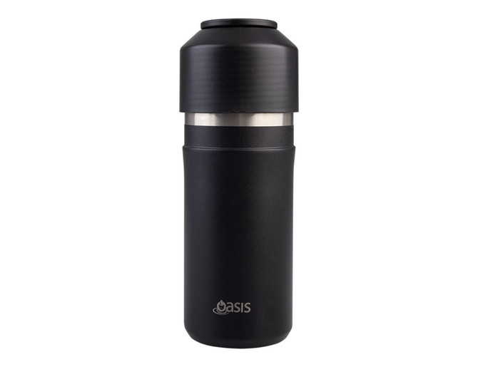 A drink bottle featuring a sleek black design with a stainless steel inner section and a logo at the base.
