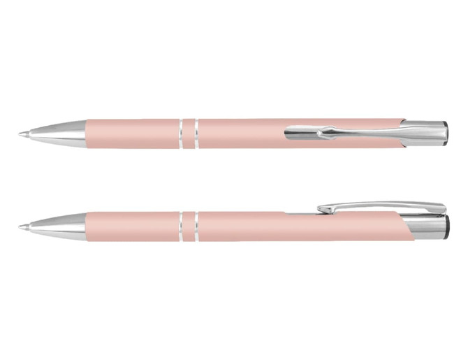 A pink pen with chrome accents, featuring a sleek design and a clip on one end. It has a smooth finish.