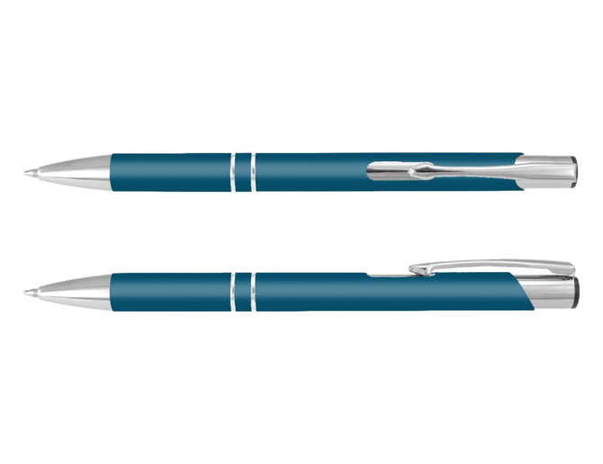 A blue and silver pen with a sleek design and a shiny finish, featuring a logo.
