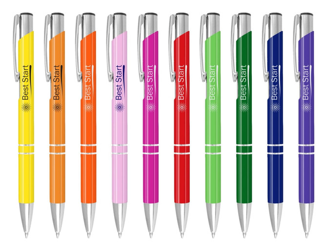 A collection of Argento lacquer pens in yellow, orange, pink, red, green, and blue, featuring silver accents and branding.