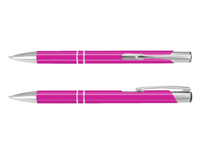 A pink lacquer pen featuring silver accents and a sleek design, displayed from multiple angles.
