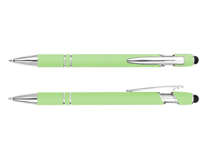 A stylus pen in light green with chrome accents and a clip, featuring a smooth writing tip.