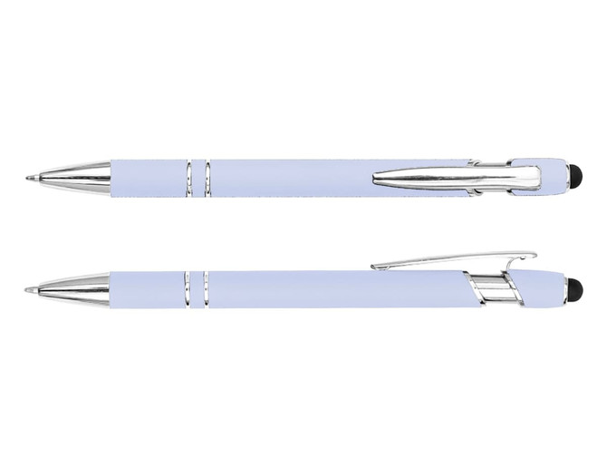 A stylus pen in light blue with silver accents and a touch tip. The pen features a sleek design and has branding.