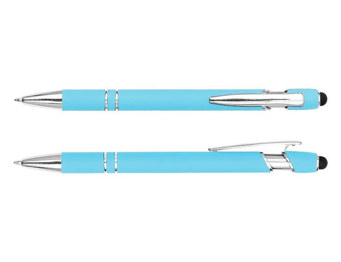 A stylus pen in blue, featuring a silver trim and a retractable design with a rubber tip.